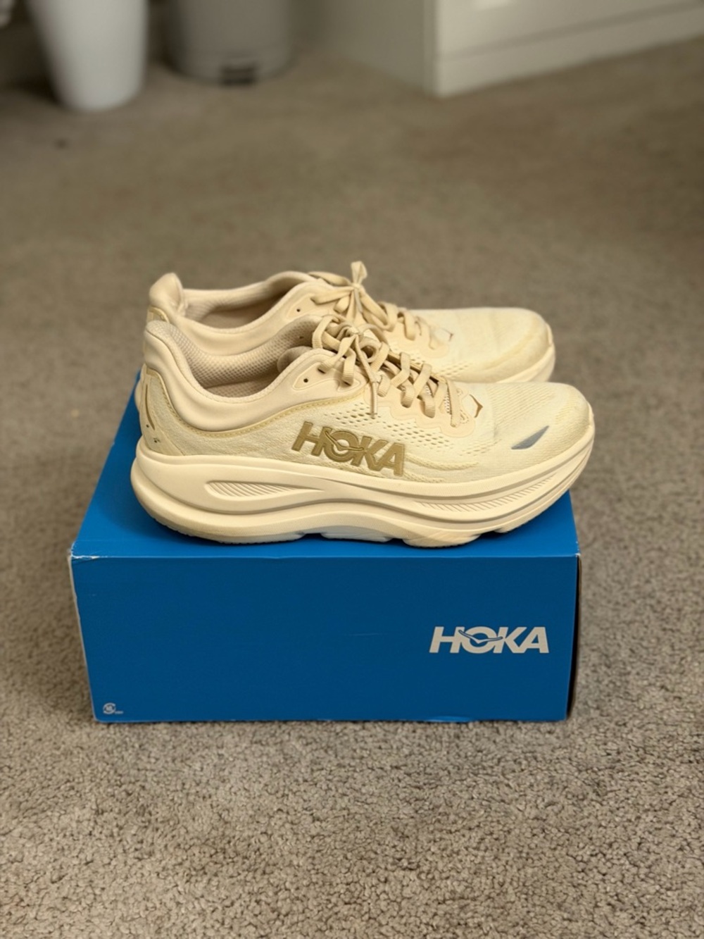 Hoka Cream Running Sneakers with Gold Logo